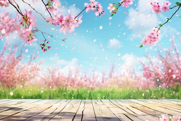 Naklejka na ściany i meble Spring Blossoms: Pink Sakura Tree in Full Bloom Against a Blue Sky