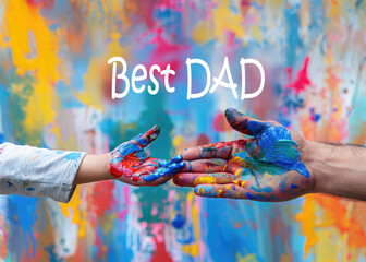Obraz premium Father and son painting on a canvas, hands covered in vibrant paints highlighting creativity and connection. fathers day concept