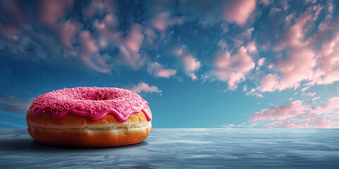 Pink-iced donut placed on a table banner