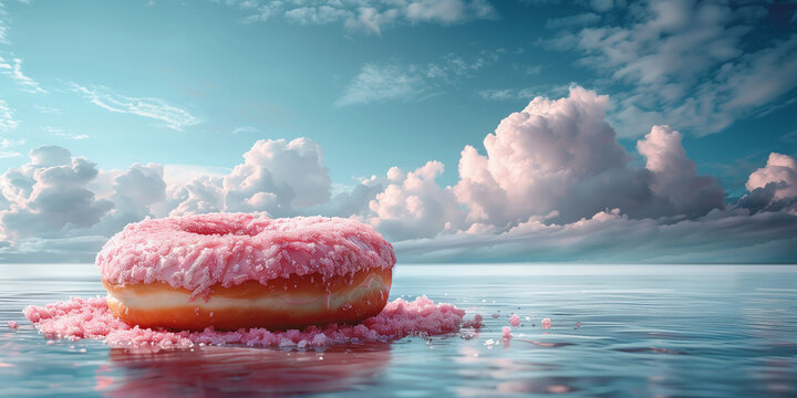 A pink-iced donut resting in the center of a body of water banner banner