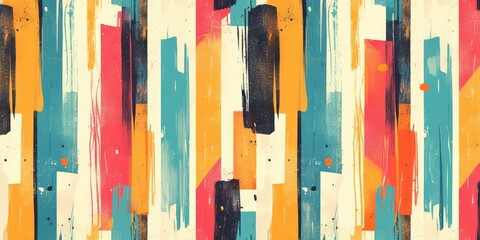 Abstract seamless pattern with colorful vertical stripes, brush strokes in the style of pink blue green yellow orange and teal colors. - obrazy, fototapety, plakaty