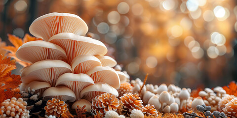 Several mushrooms are situated on a stack of pine cones banner - obrazy, fototapety, plakaty
