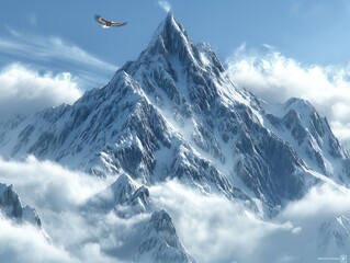 A mountain range with a bird flying over it. The sky is cloudy and the mountain peaks are covered in snow. Concept of freedom and adventure, as the bird soars over the majestic mountains