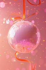 Fototapeta na wymiar Glittering Disco Ball Hanging on Pink Background Surrounded by Confetti and Sparkles for Party Celebration Concept