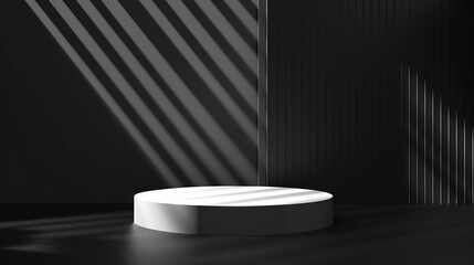 empty white circular podium on dark background with light rays and laser lights. Scene for product presentation, mock up, banner or cover template. Abstract black wall scene. Mockup concept