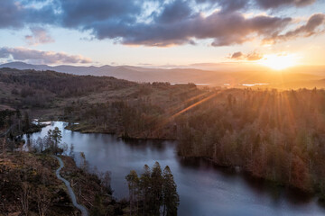 Beautiful, aerial drone landscape image of Lake District during Spring vibrant sunset - 783776231