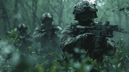 Soldiers advance cautiously through a dense jungle environment, highlighting the dangers and vigilance during patrol