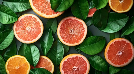 Fresh Citrus Fruits and Green Leaves on Dark Background - obrazy, fototapety, plakaty