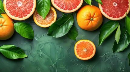 Fresh Citrus Fruits with Leaves on a Green Textured Background - obrazy, fototapety, plakaty