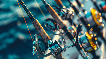 A group of fishing rods are lined up on a boat. The rods are of different sizes and colors, and they are all in the water. Concept of excitement and anticipation for a day of fishing - obrazy, fototapety, plakaty