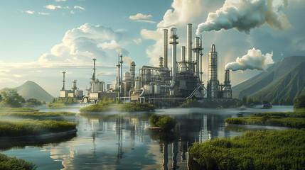 A large industrial plant with many pipes and tanks. The sky is blue and the sun is setting - obrazy, fototapety, plakaty