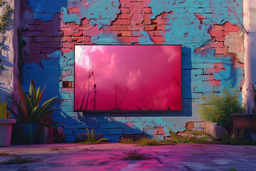 Painting of a pink and blue sky on a brick wall mockup
