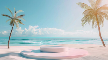 Fototapeta premium Abstract tropical beach background with round podium for product presentation, summer scene with ocean and palm trees, mockup design template