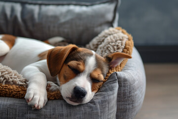 Cute puppy sleeping on soft gray dog bed in the living room at home