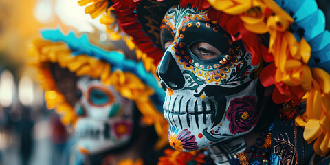 Dia de los Muertos concept. Two women wearing skull masks at the procession of The Day of the Dead in Mexico. Profile portrait. Close up. Banner style. Text space. Outdoor shot
