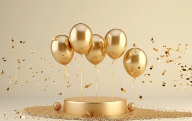 Happy Birthday poster for product demonstration. Gold pedestal or podium with balloons and confetti on beige background