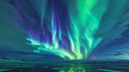Majestic northern lights display, with vibrant shades of green and purple over a serene snowy landscape