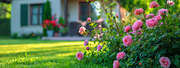 Beautiful pink rose bushes in the front yard of an elegant house, green grass lawn with colorful flower beds - Powered by Adobe