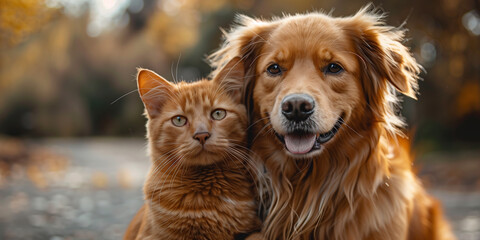 A dog and a cat are sitting side by side in a peaceful moment