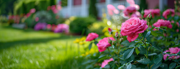 Fototapeta na wymiar Beautiful pink rose bushes in the front yard of an elegant house, green grass lawn with colorful flower beds