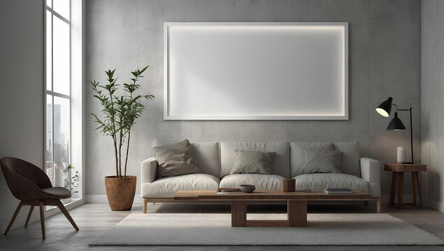 A blank mockup frame hangs on the wall in a modern interior room design, depicted in 3D render style. illustration generative ai