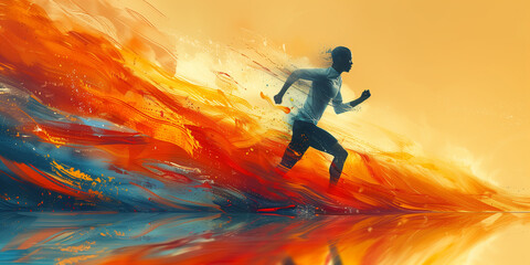A painting depicting a man in motion running across a body of water banner copy space