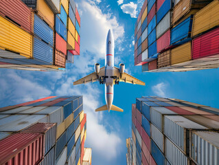 View from below of a commercial airliner soaring above stacked cargo containers, illustrating connectivity and global trade efficiency - obrazy, fototapety, plakaty