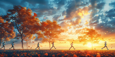 A group of individuals are running across a field in this dynamic scene banner copy space - obrazy, fototapety, plakaty