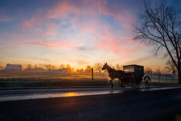 Amish horse and buggy at sunrise