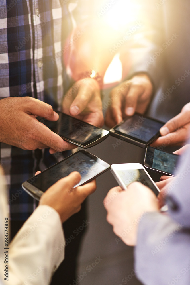 Aufkleber People, connection and hands with smartphone in circle together for networking, support and teamwork. Diversity, collaboration and technology with help for data sharing, transfer and communication