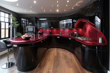 A large kitchen featuring a vibrant red countertop and modern design elements mockup
