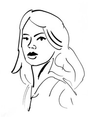 A simple line drawing of a young woman with shoulder-length hair, hand-drawn illustration.