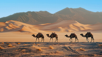 Fototapeta na wymiar Camel caravan in the desert, minimal nature beauty concept