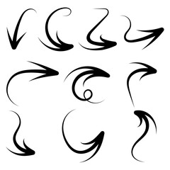 Arrows set. Hand drawn arrows. Collection of black arrows of different directions. Thick arrows drawn with a round brush