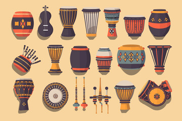 Collection of traditional African musical instruments - obrazy, fototapety, plakaty