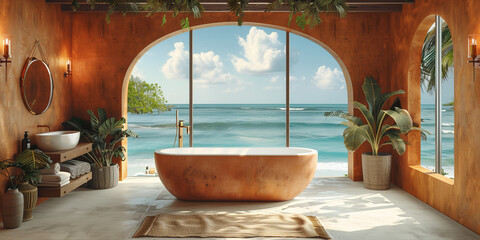 Obraz premium A spacious bathroom featuring a large window and a luxurious bathtub banner copy space mockup