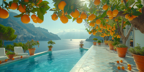 A pool filled with oranges floating on the waters surface banner copy space