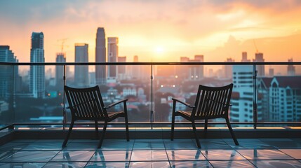 A pair of empty chairs on a balcony overlooking a city skyline, suggesting shared moments and conversation - obrazy, fototapety, plakaty