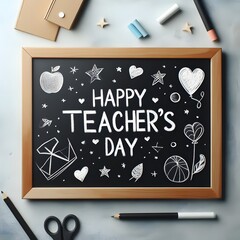 A slate with the message "Happy Teacher's Day" written in chalk