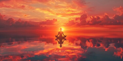 Serene Meditation at Sunset, Silhouette by Tranquil Waters