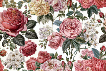 Seamless vintage roses pattern in victorian style, wedding wallpaper design. Generative ai