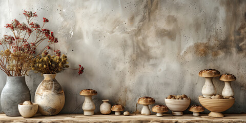 Several vases arranged on a wooden table with mushrooms copy space banner - obrazy, fototapety, plakaty
