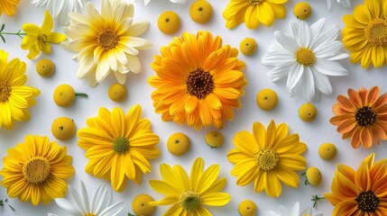 Assorted Daisy Flowers Arrangement on White Background - obrazy, fototapety, plakaty