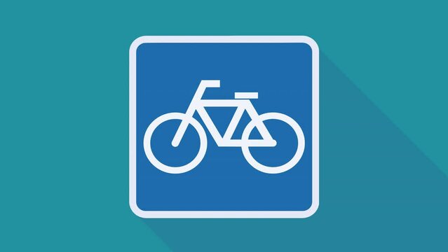 Appearance of the square road sign of a blue and white bicycle indicating a lane reserved for cycle coming from the front on a blue background with long shadow in flat design style