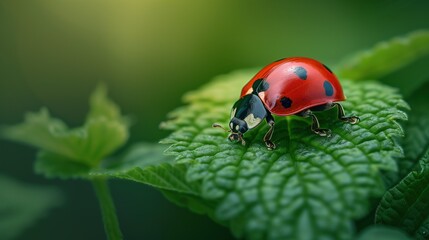 Macro photography, a vibrant red ladybug adorned with delicate black spots leisurely crawling on a lush green leaf