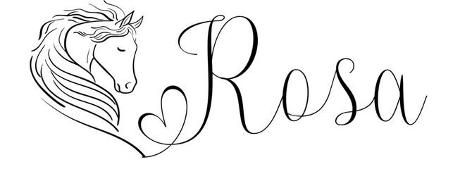 Rosa- black color - name written - vector graphics with stylized horse with heart - for websites, greetings, banners, cards,tag, t-shirt, sweatshirt, prints, cricut, silhouette,