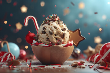 Chocolate chip ice cream in dessert glass bowl,Delicious dessert,decorated with lollipops candy necklaces balloons stars streamers and glittering confetti, Hyper-realistic style, Generative AI - obrazy, fototapety, plakaty