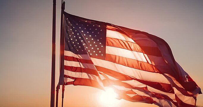 A strong and vibrant image of the American flag waving in front of a fiery sunset, representing hope and end of day reflection