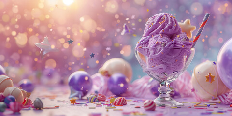 Ube ice cream in dessert glass bowl,Delicious dessert,decorated with lollipops candy necklaces balloons stars streamers and glittering confetti, Hyper-realistic style, Generative AI