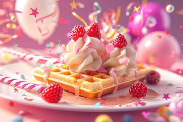 Waffles with curd and berry, Delicious dessert,decorated with lollipops candy necklaces balloons stars streamers and glittering confetti, Hyper-realistic style, Generative AI - obrazy, fototapety, plakaty